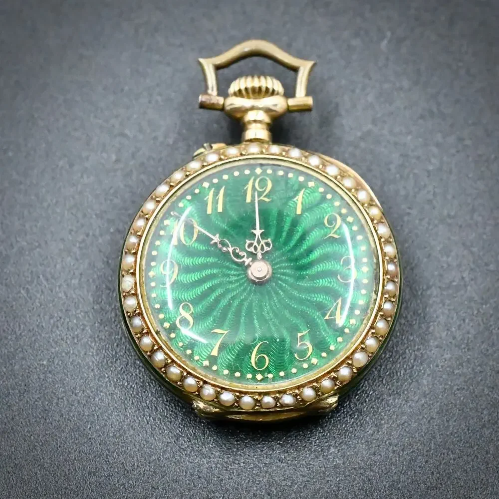Antique 14K Gold Green Guilloche Enamel Ladies Pendant Watch & Pin Set - NW